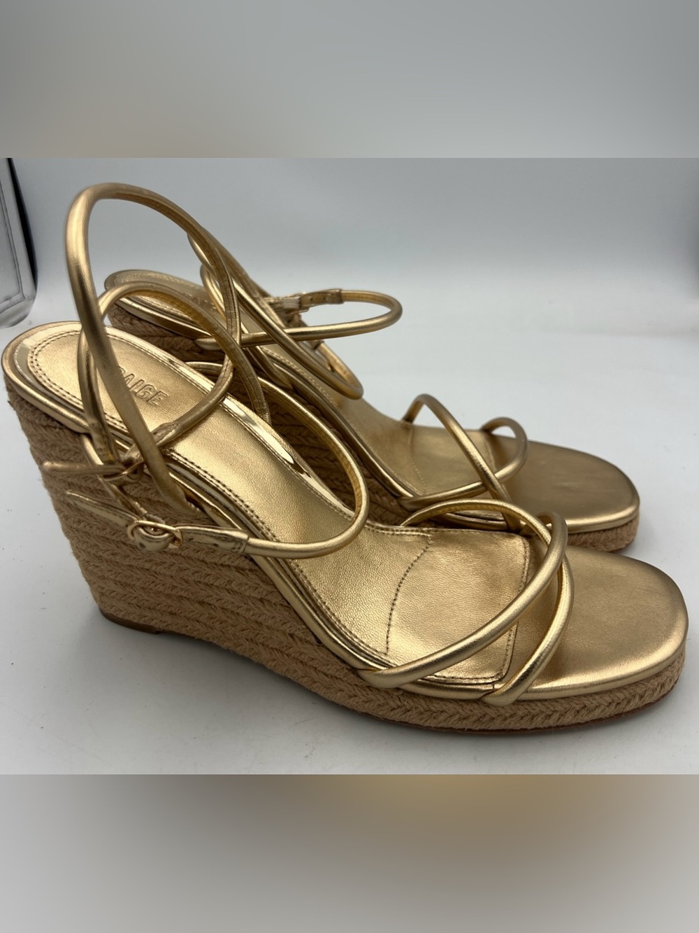 PAIGE Kylen Rafia Wedge Sandals, Leather, Micro Straps Gold Women’s Size 10 NEW